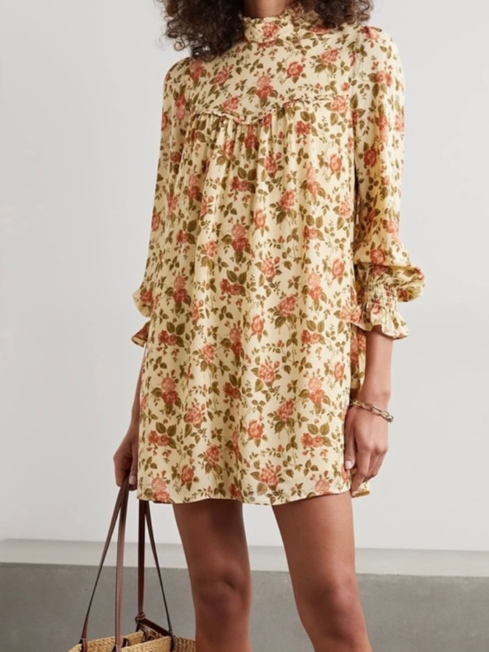 Reformation Cream Jourdan Floral Long Sleeve Mini Dress Size L